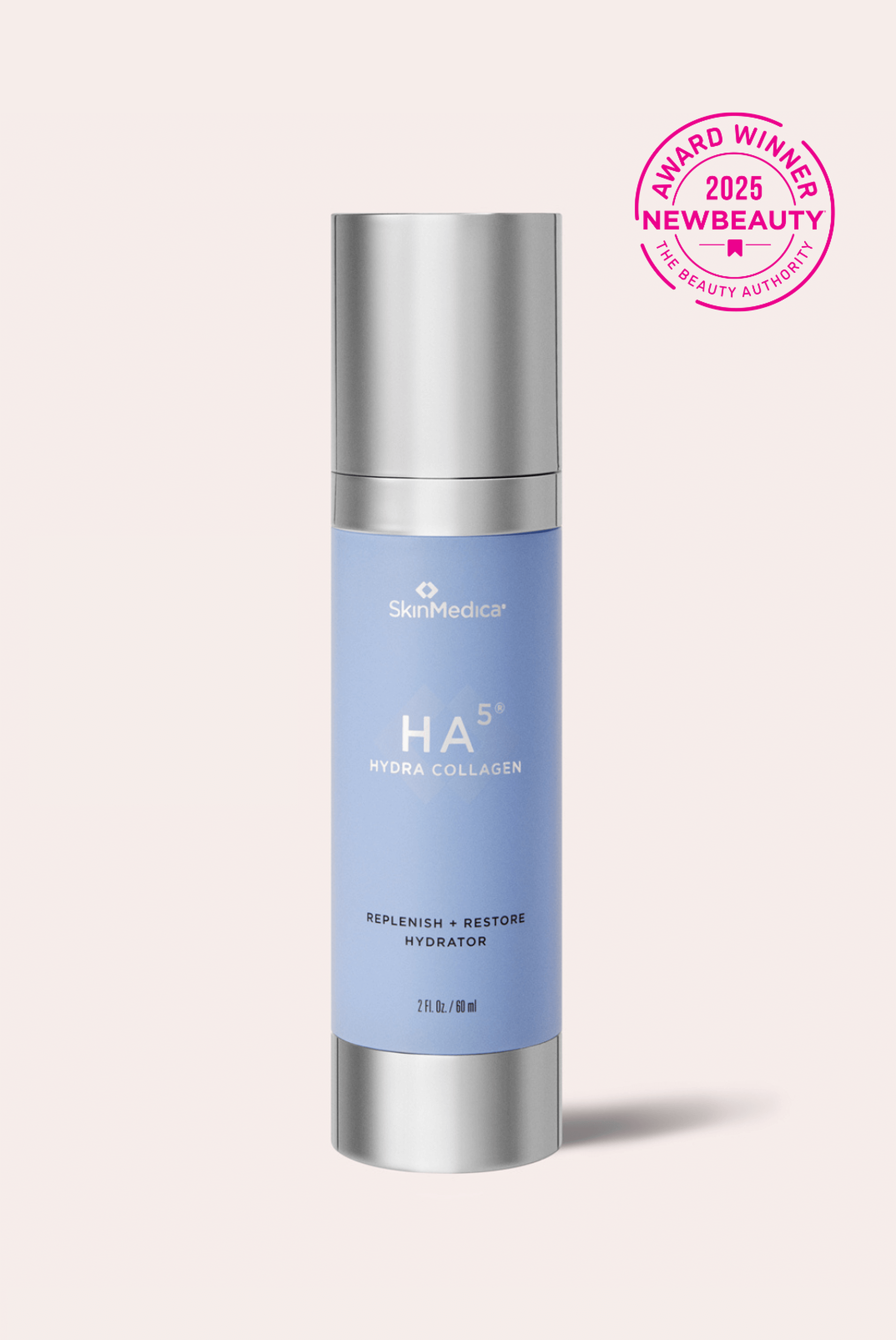 HA⁵® Hydra Collagen Replenish + Restore Hydrator in a sleek bottle with an award winner seal.