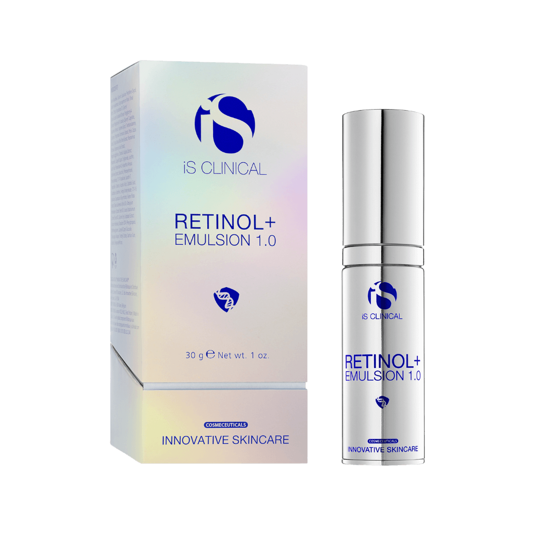 Retinol+ Emulsion 1.0 product packaging and bottle for age-defying skincare by iS Clinical.