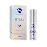Retinol+ Emulsion 1.0 product packaging and bottle for age-defying skincare by iS Clinical.
