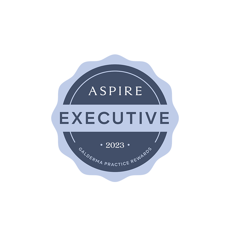 Aspire Executive 2023 Galderma Practice Rewards seal, representing excellence in aesthetic services.