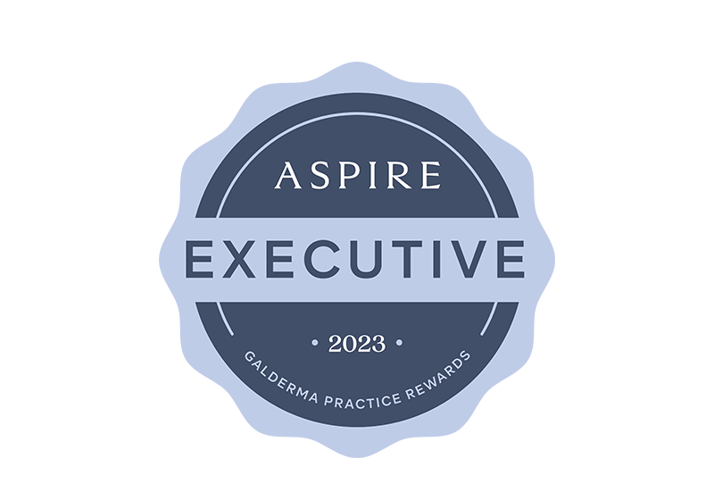 Aspire Executive 2023 Galderma Practice Rewards seal, representing excellence in aesthetic services.