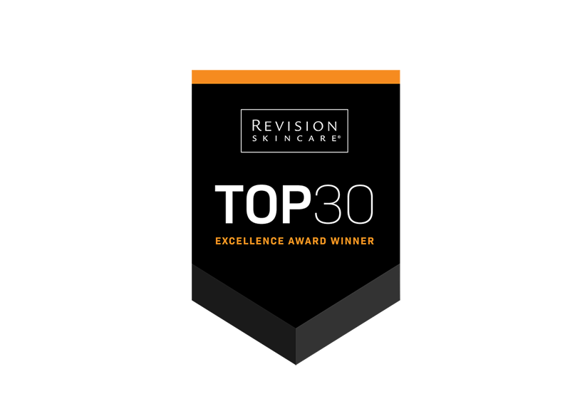Revision Skincare TOP 30 Excellence Award Winner badge showcasing recognition in quality skincare.