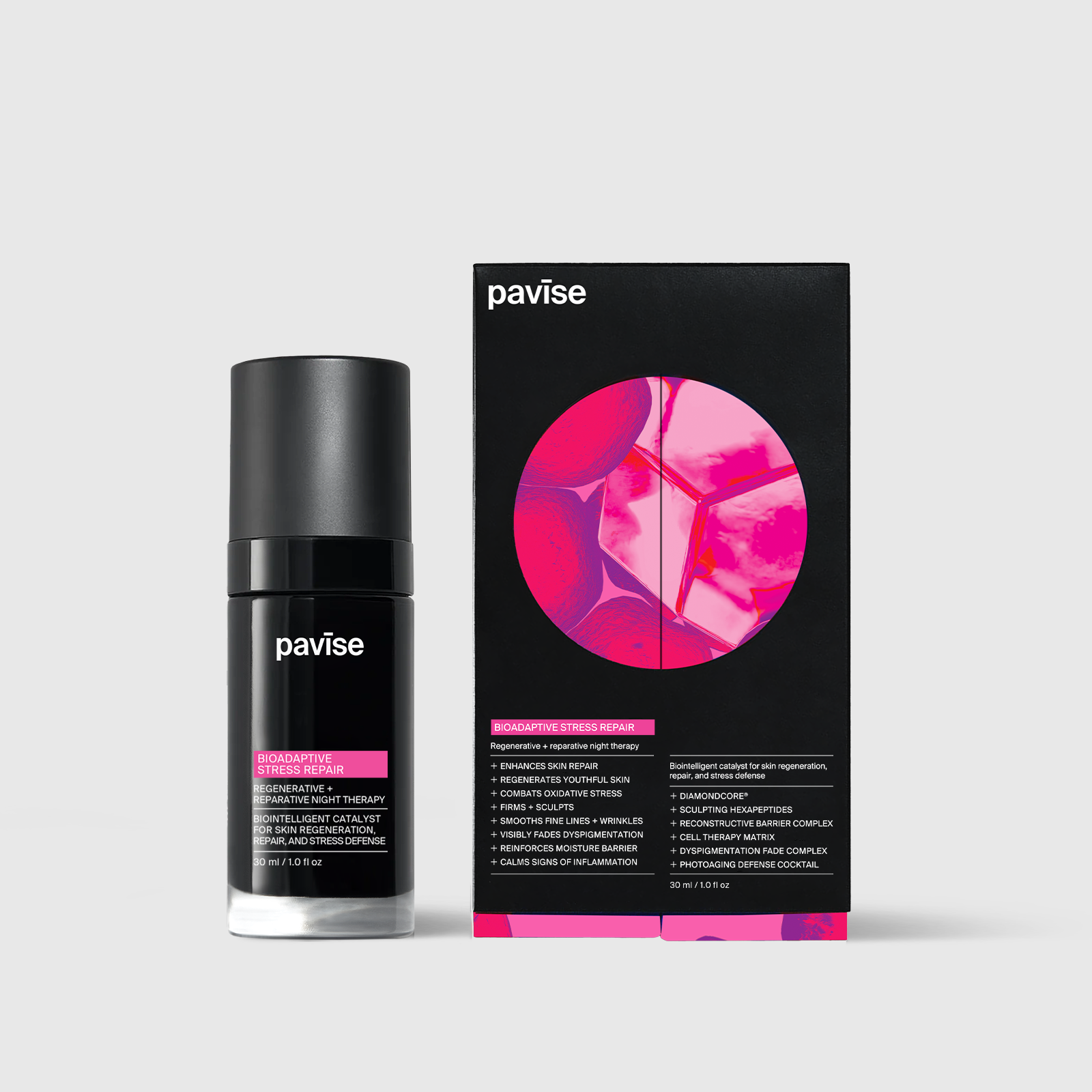 Pavise Bioadaptive Stress Repair serum bottle beside its retail carton, 30 ml