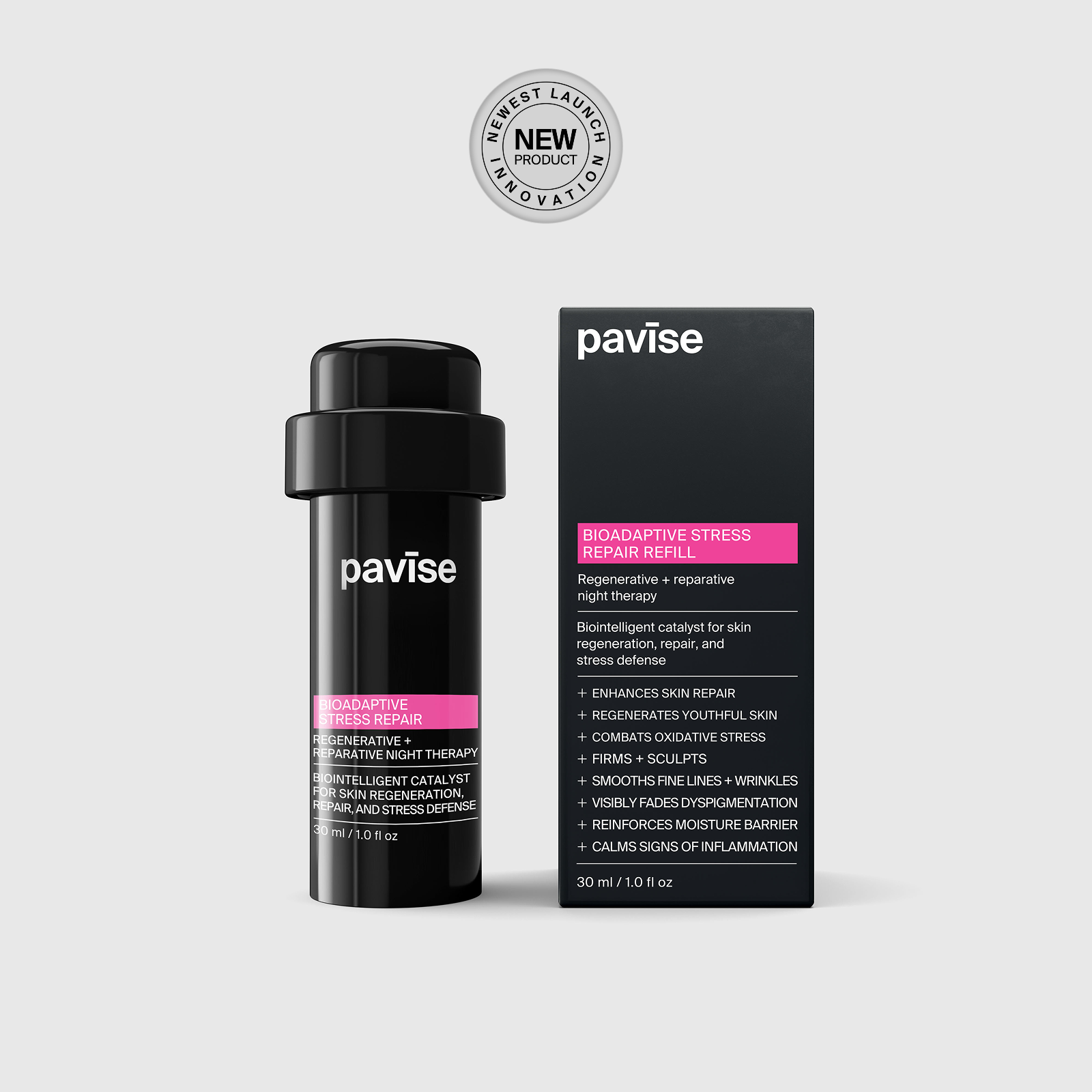 Pavise Bioadaptive Stress Repair refill capsule beside its carton, 30 ml