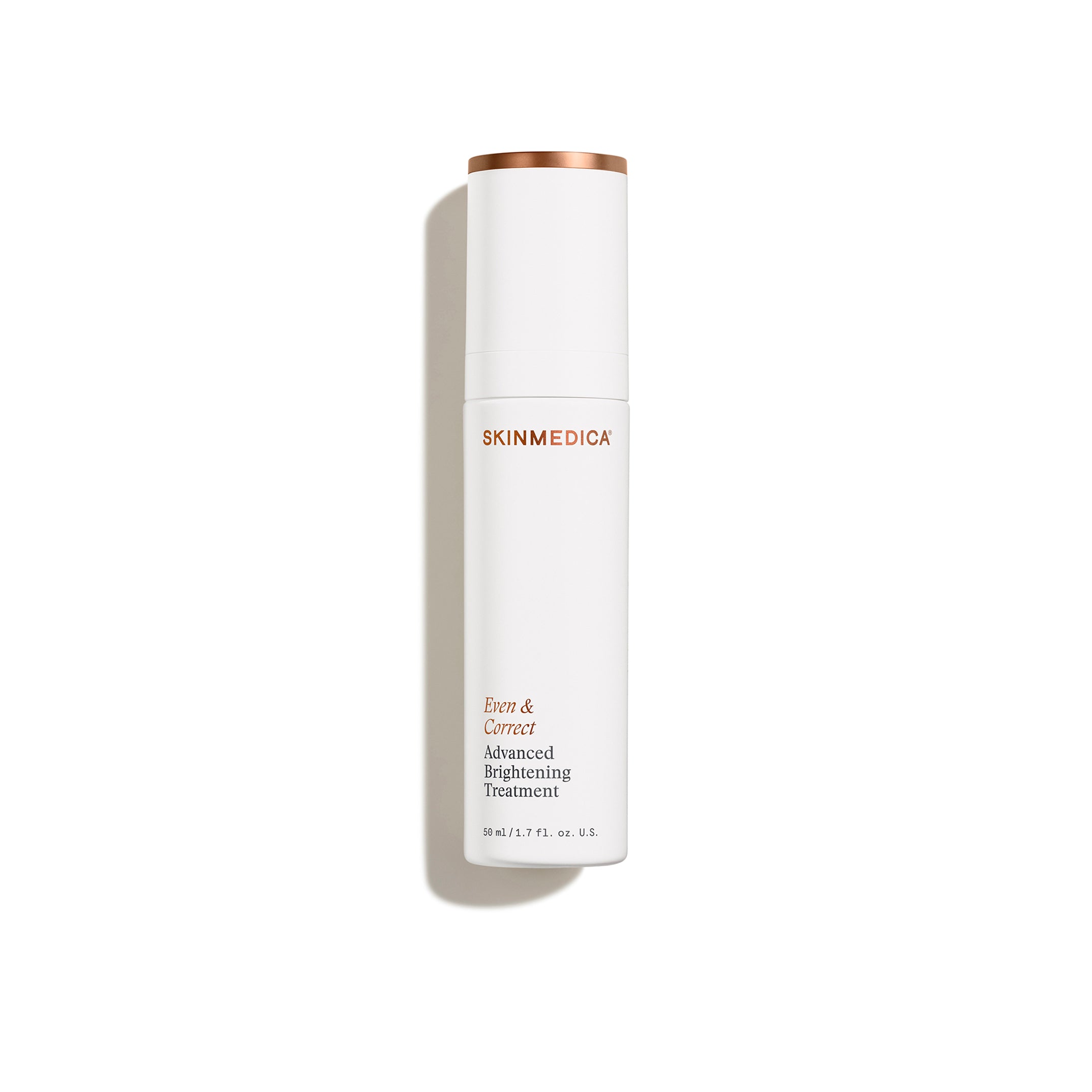 SkinMedica Even & Correct Advanced Brightening Treatment in a white pump bottle with rose gold cap, a hydroquinone-free serum for dark spots and hyperpigmentation