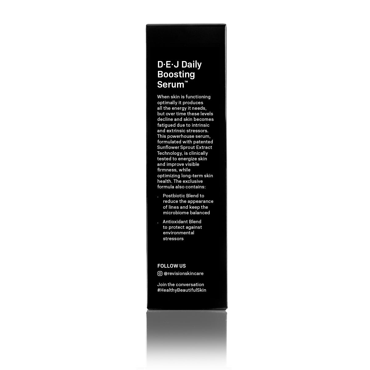 D·E·J Daily Boosting Serum™ 1 fl oz packaging showcasing ingredient benefits and usage instructions for enhanced skin health.