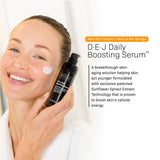 D·E·J Daily Boosting Serum™ 1 fl oz applied on a smiley woman showcasing its skin-benefits for anti-aging.