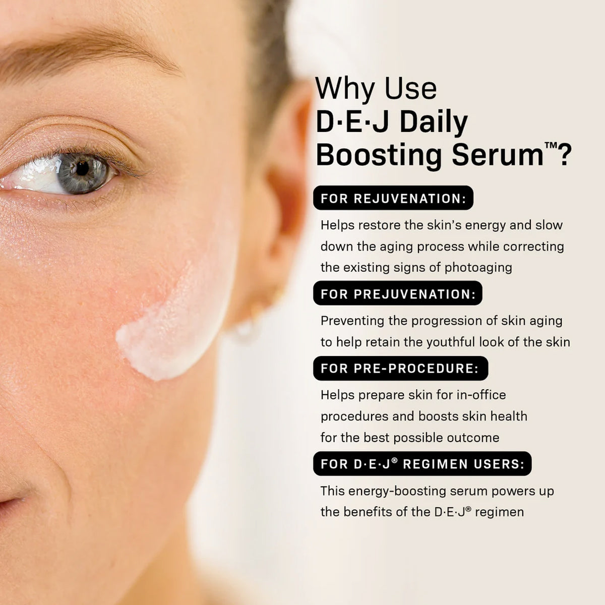 Close-up of a person applying D·E·J Daily Boosting Serum™ 1 fl oz to their face for skin rejuvenation.