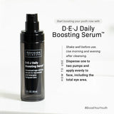 D·E·J Daily Boosting Serum™ 1 fl oz bottle with usage instructions for youthful skin rejuvenation.