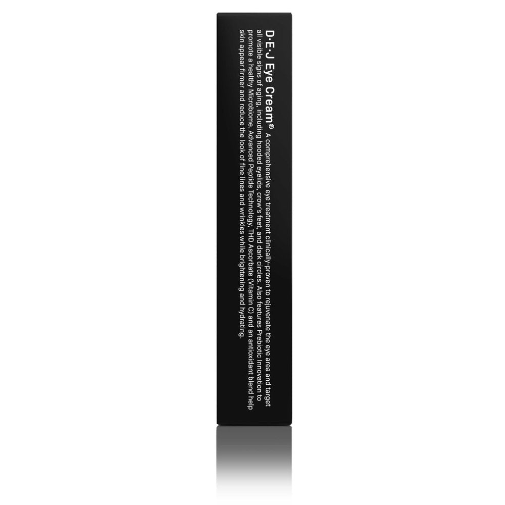 D·E·J Eye Cream® 0.5 fl oz packaging side view showcasing key benefits for total eye area firming.