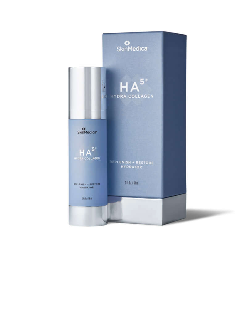HA⁵® Hydra Collagen Replenish + Restore Hydrator bottle and packaging from SkinMedica.