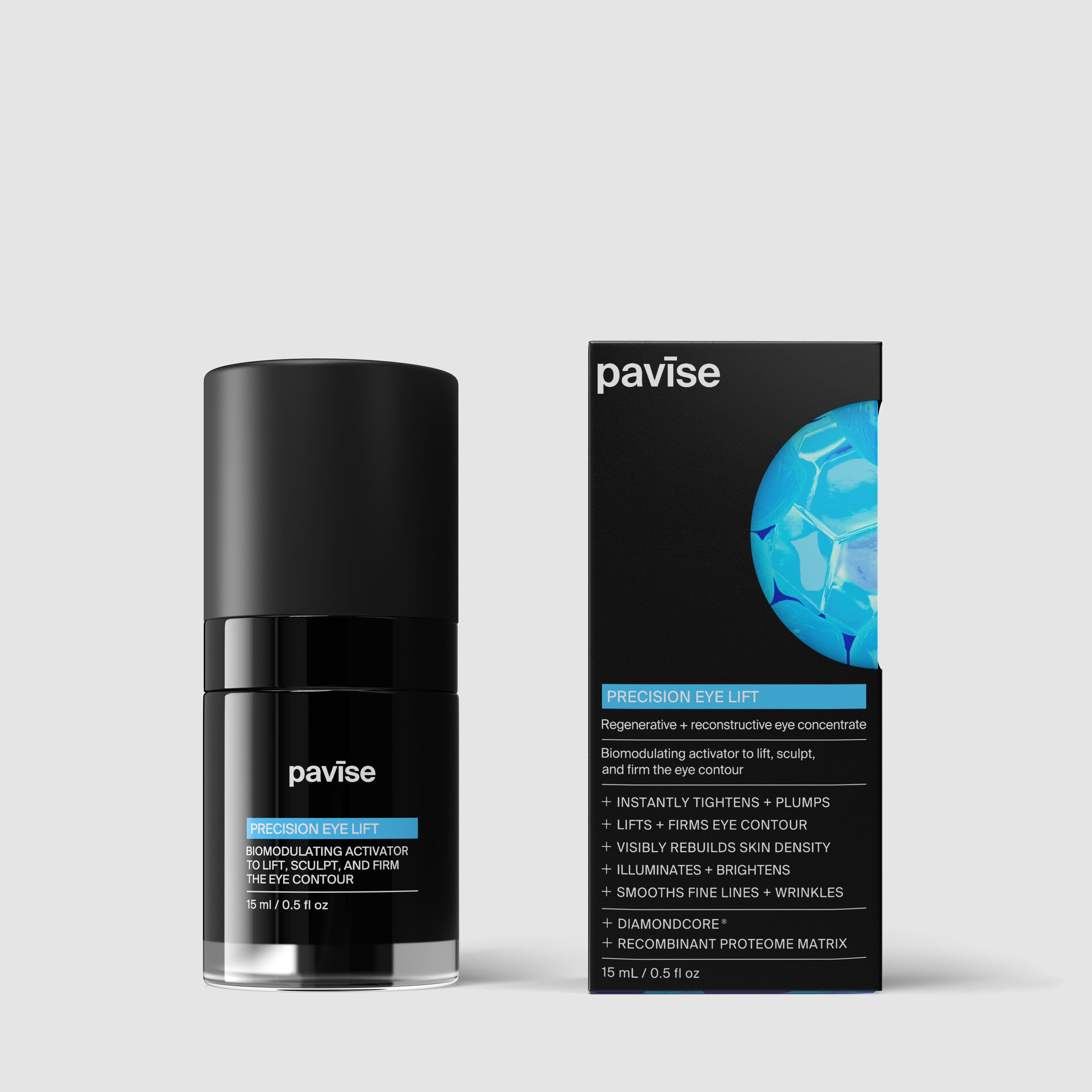 Pavise Precision Eye Lift eye concentrate bottle beside its retail carton, 15 ml