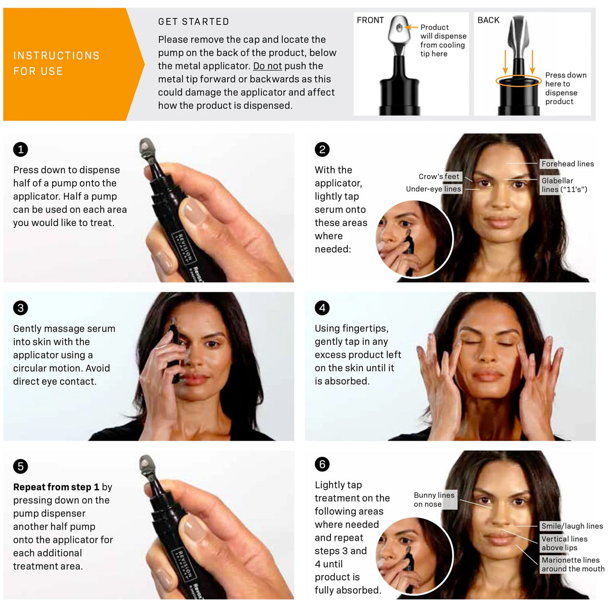 Instructions for using Revox™ Line Relaxer 1 fl oz with clear steps for application.