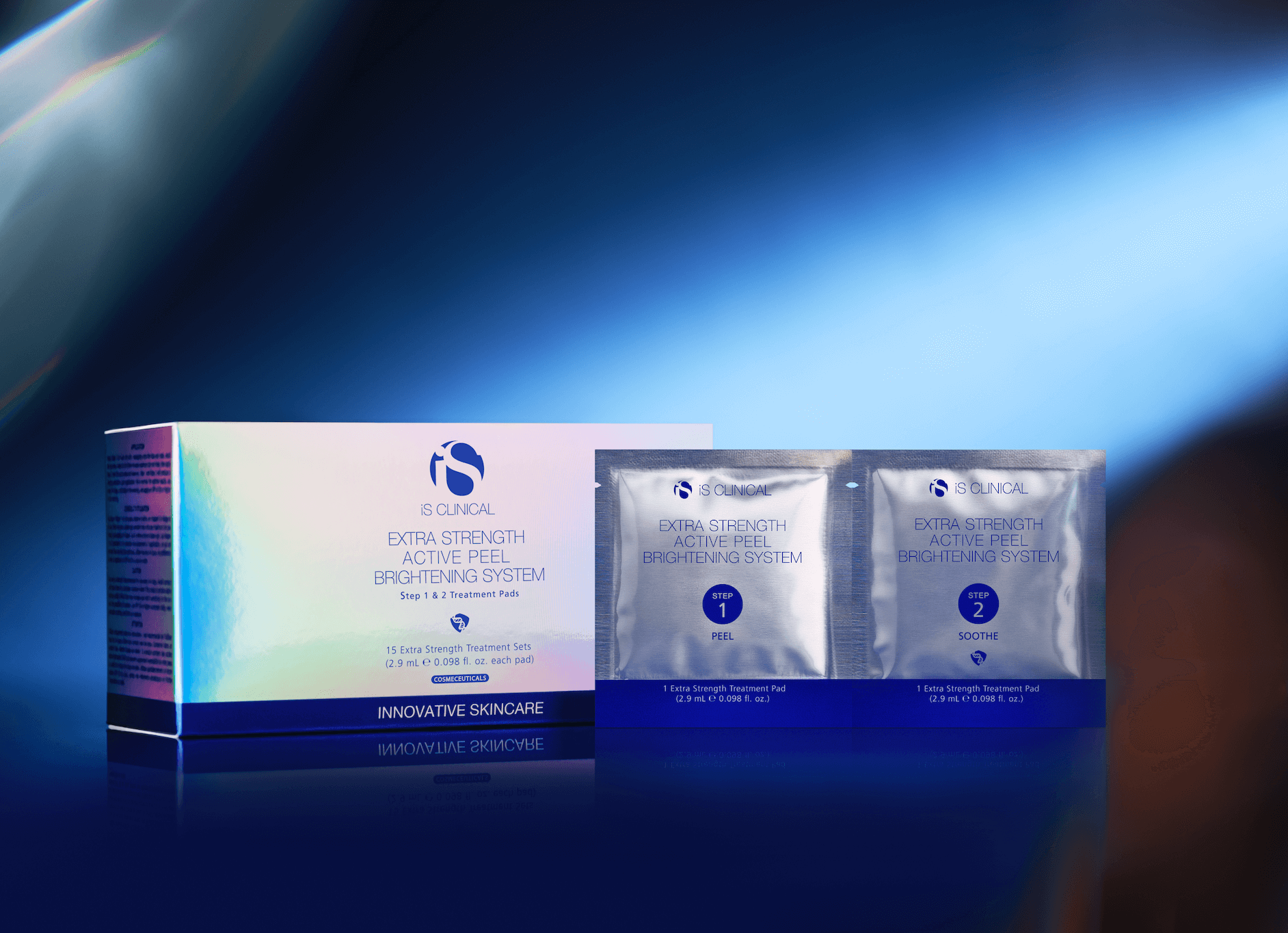 Extra Strength Active Peel Brightening System packaging and treatment pouches by iS Clinical for glowing skin.
