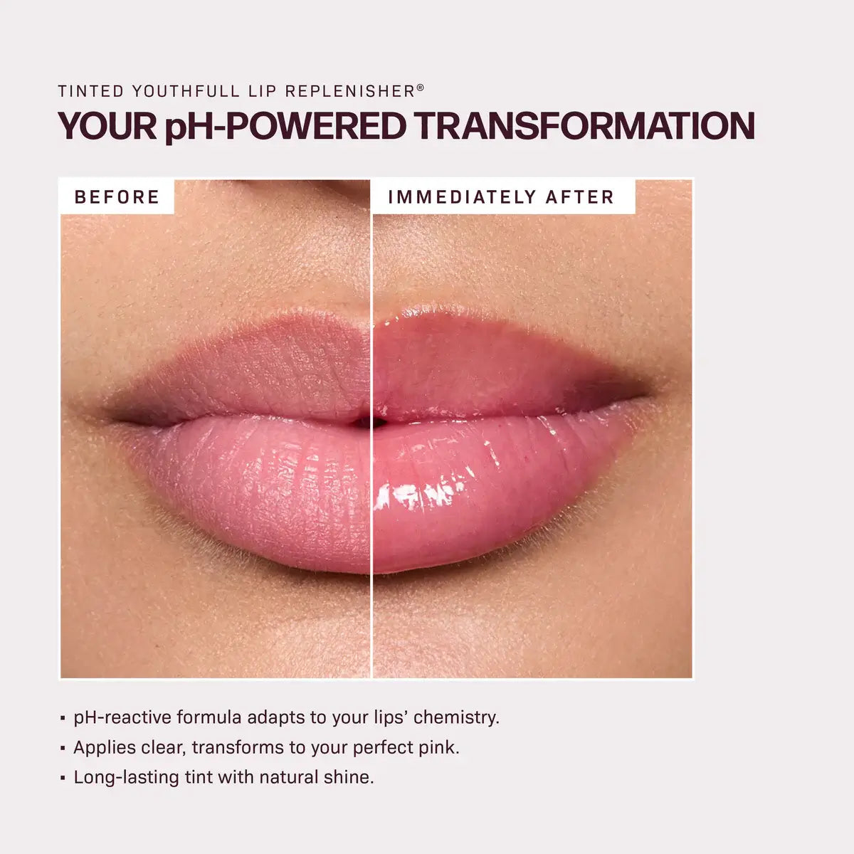 Before and after using Tinted YouthFull Lip Replenisher® 0.33 oz showing pH-reactive lip transformation.