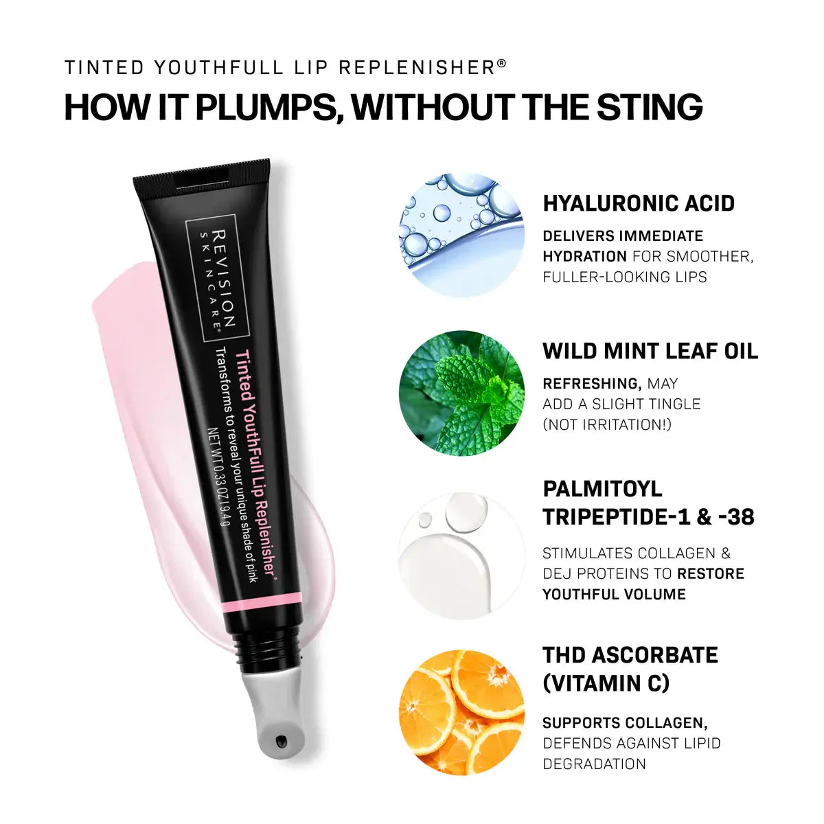 Tinted YouthFull Lip Replenisher® 0.33 oz. showing ingredients like Hyaluronic Acid and Vitamin C for lip plumping.