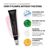 Tinted YouthFull Lip Replenisher® 0.33 oz. showing ingredients like Hyaluronic Acid and Vitamin C for lip plumping.