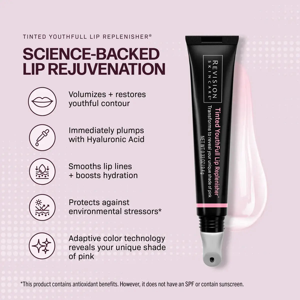 Tinted YouthFull Lip Replenisher® 0.33 oz. tube promoting lip rejuvenation and hydration benefits.