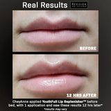 Image showing real results of YouthFull Lip Replenisher® 0.33 oz. before and after 12 hours of use.