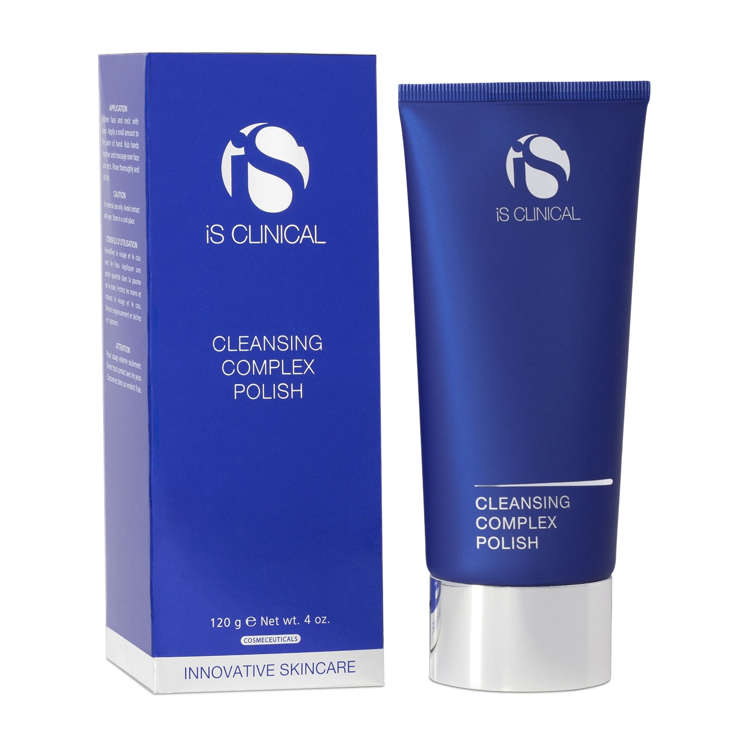 Cleansing Complex Polish by iS Clinical in blue tube and box, used for deep cleansing and exfoliating the skin.