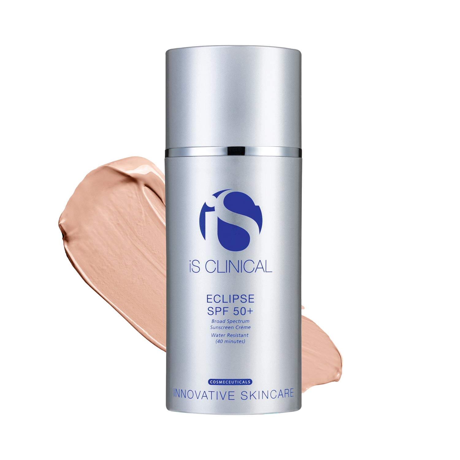 Eclipse SPF 50+ sunscreen bottle with beige cream swatch, perfect for outdoor activities and broad spectrum protection.
