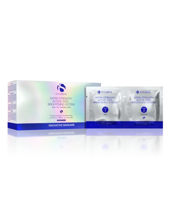 Extra Strength Active Peel Brightening System packaging with two treatment packets for glowing skin by MK Aesthetics.