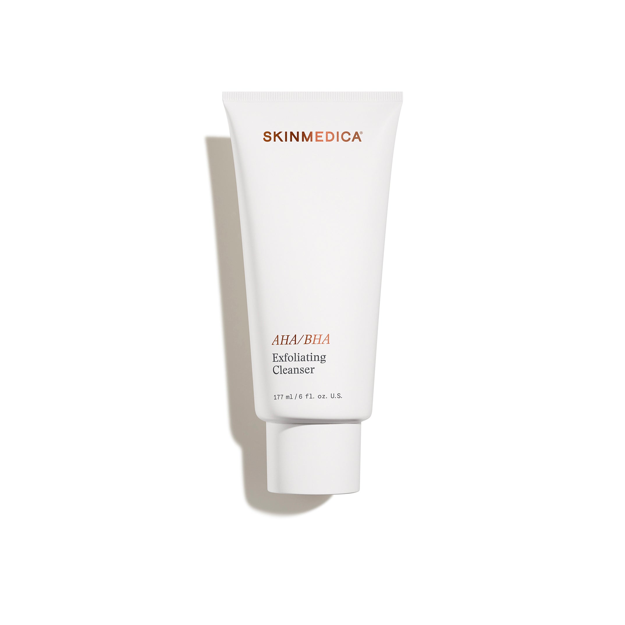 SkinMedica AHA/BHA Exfoliating Cleanser in a white 177 ml squeeze tube, a daily face wash that exfoliates to smooth skin tone and texture