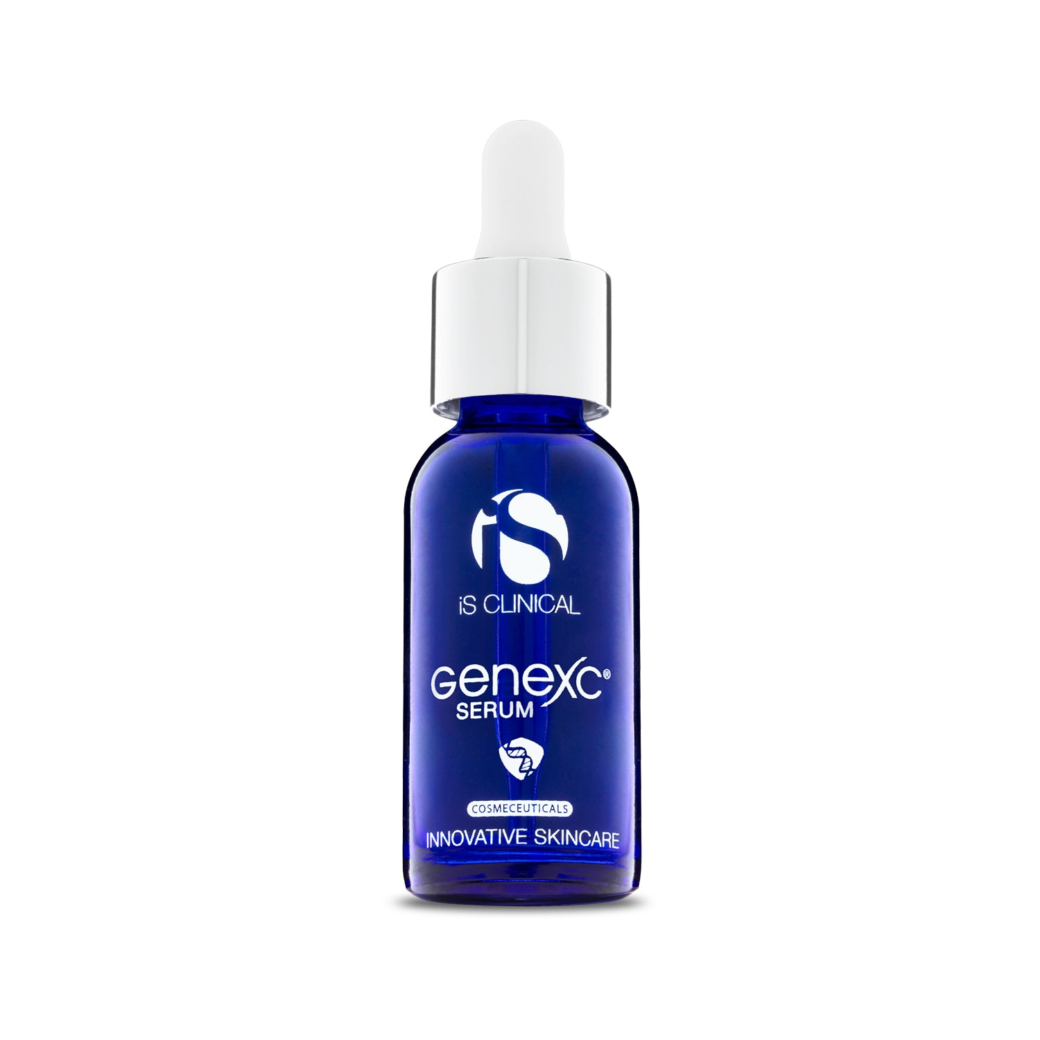 GeneXC Serum in a blue bottle, offering protective and age-defying skincare from MK Aesthetics.