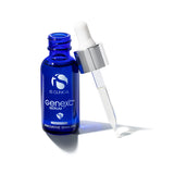GeneXC Serum in a blue glass bottle with dropper, showcasing its innovative skincare benefits by MK Aesthetics.