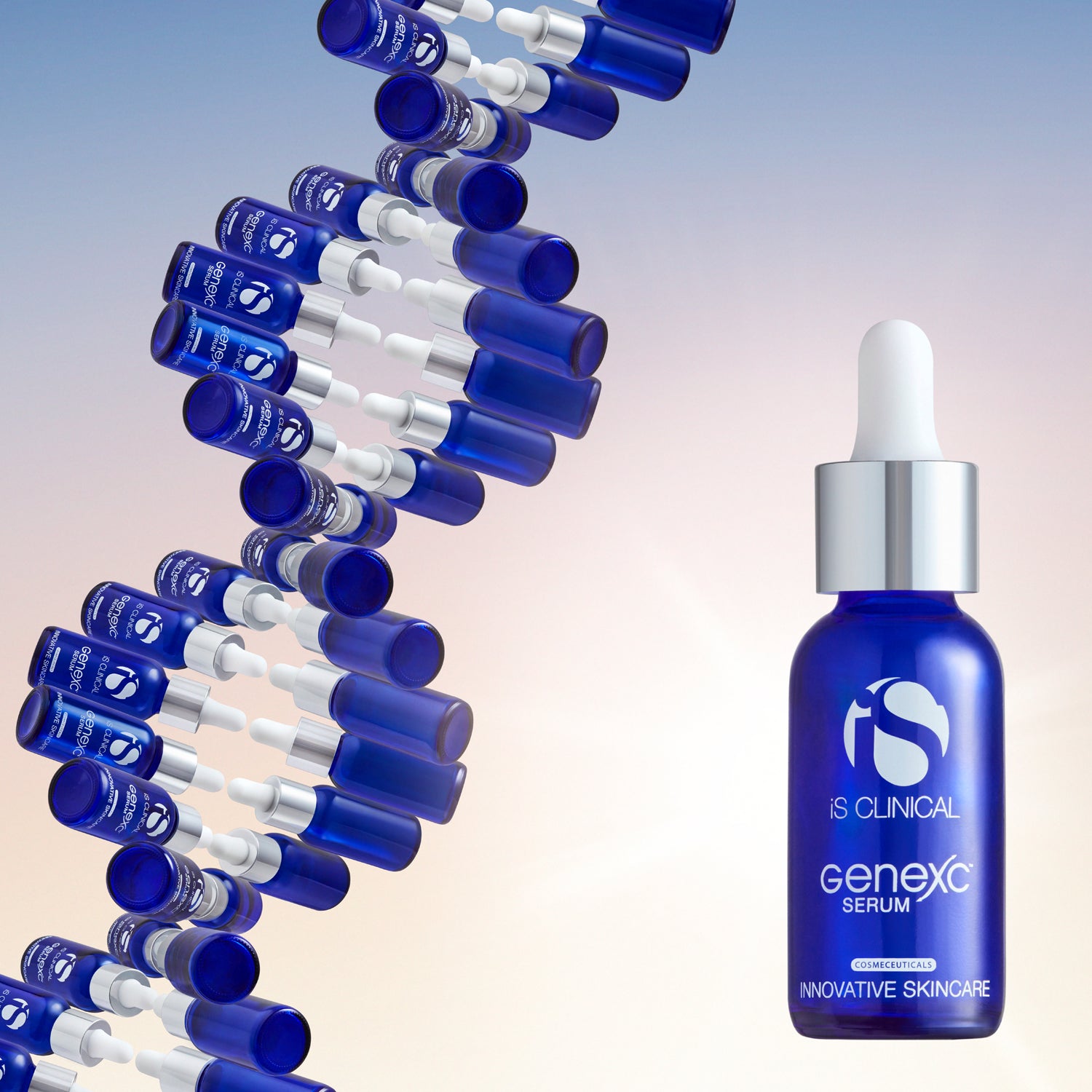 GeneXC Serum bottle showcased with innovative skincare vials, promoting skin protection and rejuvenation.
