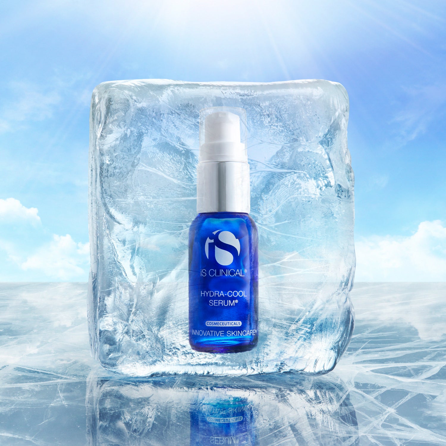 Hydra-Cool Serum in ice showcasing hydrating benefits at MK Aesthetics Spa for rejuvenating skin care.