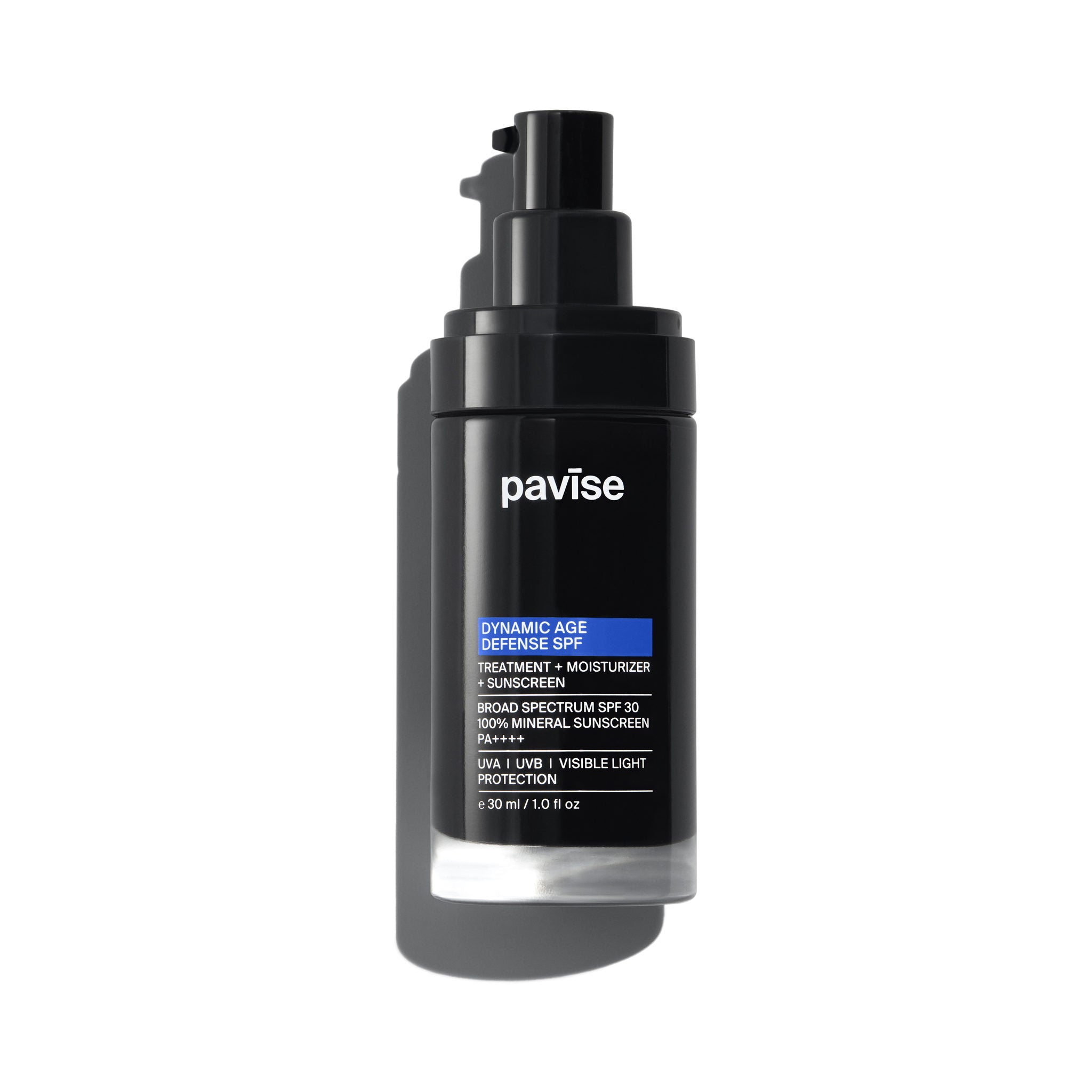 Pavise Dynamic Age Defense SPF 30 bottle with the pump exposed, cap removed