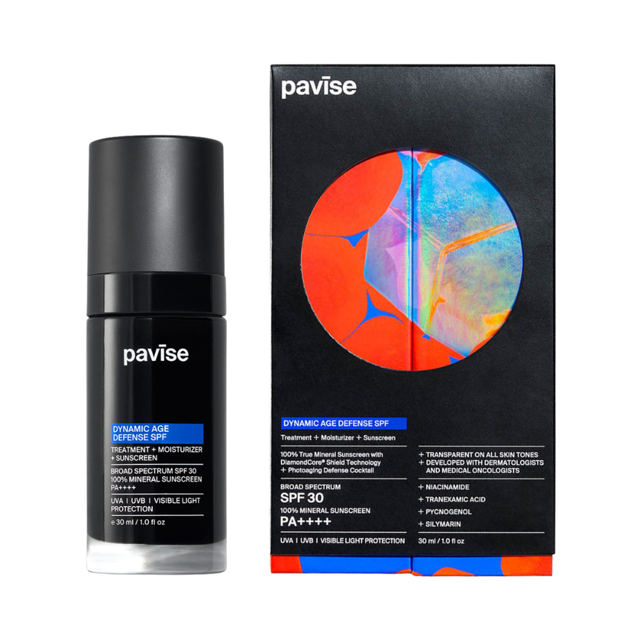 Pavise Dynamic Age Defense SPF 30 sunscreen bottle beside its retail carton