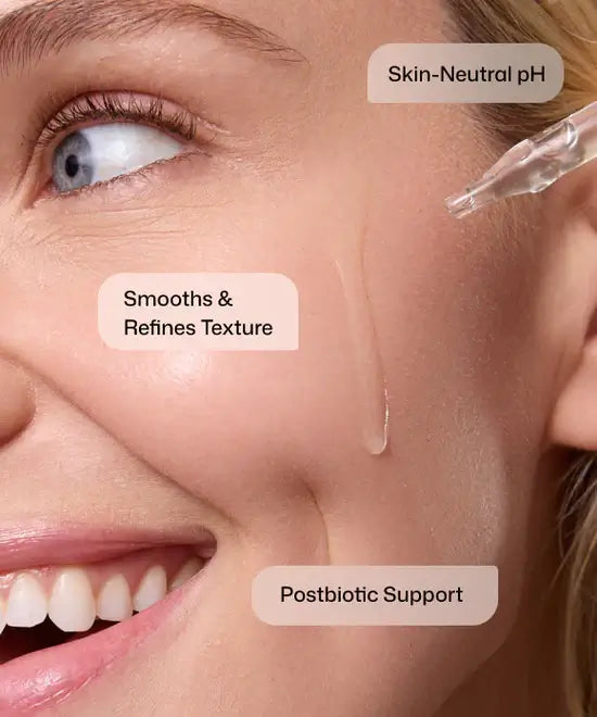 Radiance+ Resurfacing Serum demonstrating postbiotic support and skin-neutral pH for smoother, radiant skin by MK Aesthetics.