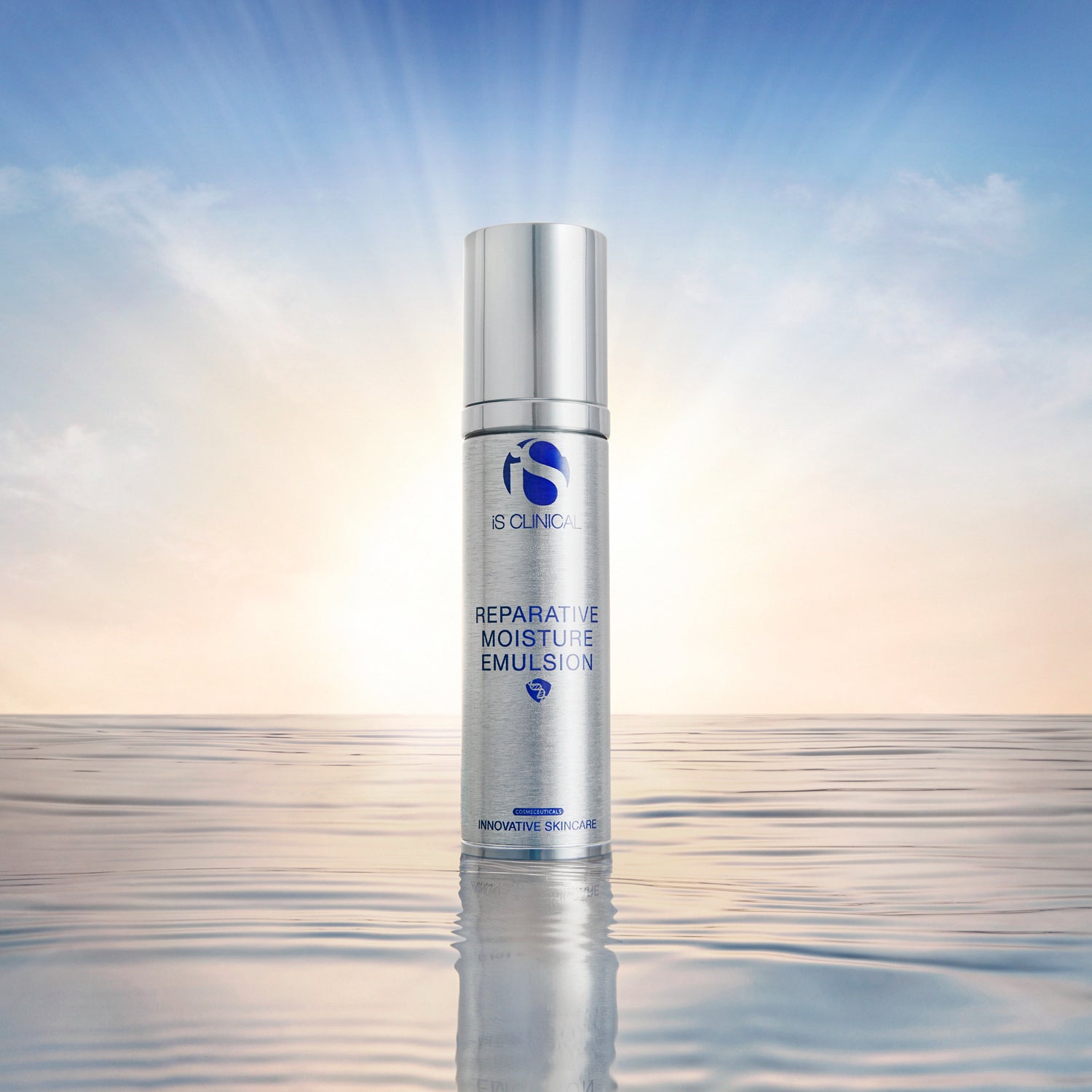 Reparative Moisture Emulsion bottle on a serene background representing hydration, by MK Aesthetics.