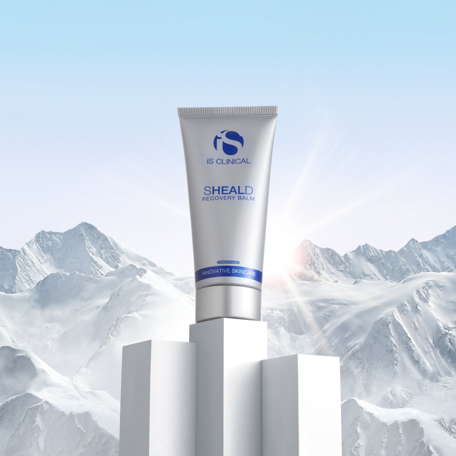 SHEALD Recovery Balm displayed in a scenic mountain background for hydration and skin recovery by MK Aesthetics.