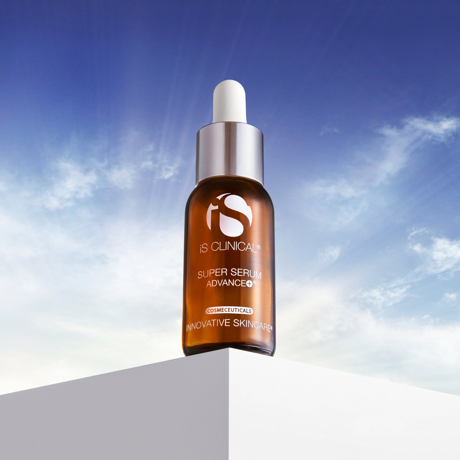 Super Serum Advance+ bottle under a clear sky, showcasing advanced skincare by MK Aesthetics, ideal for Botox Minnetonka clients.