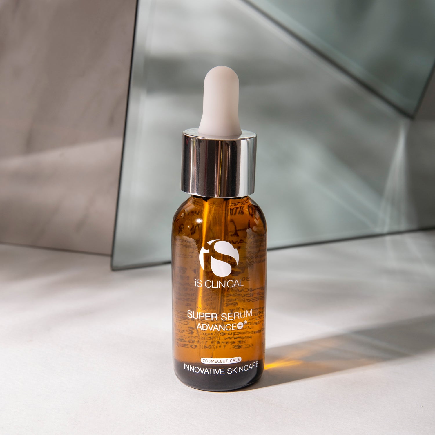 Super Serum Advance+ bottle showcasing innovative skincare for youthful complexion at MK Aesthetics spa.